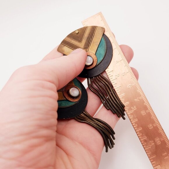 Vintage Painted Mixed Metal Tooled Brass MOP Modernist Modern Drop Earrings - Picture 5 of 5